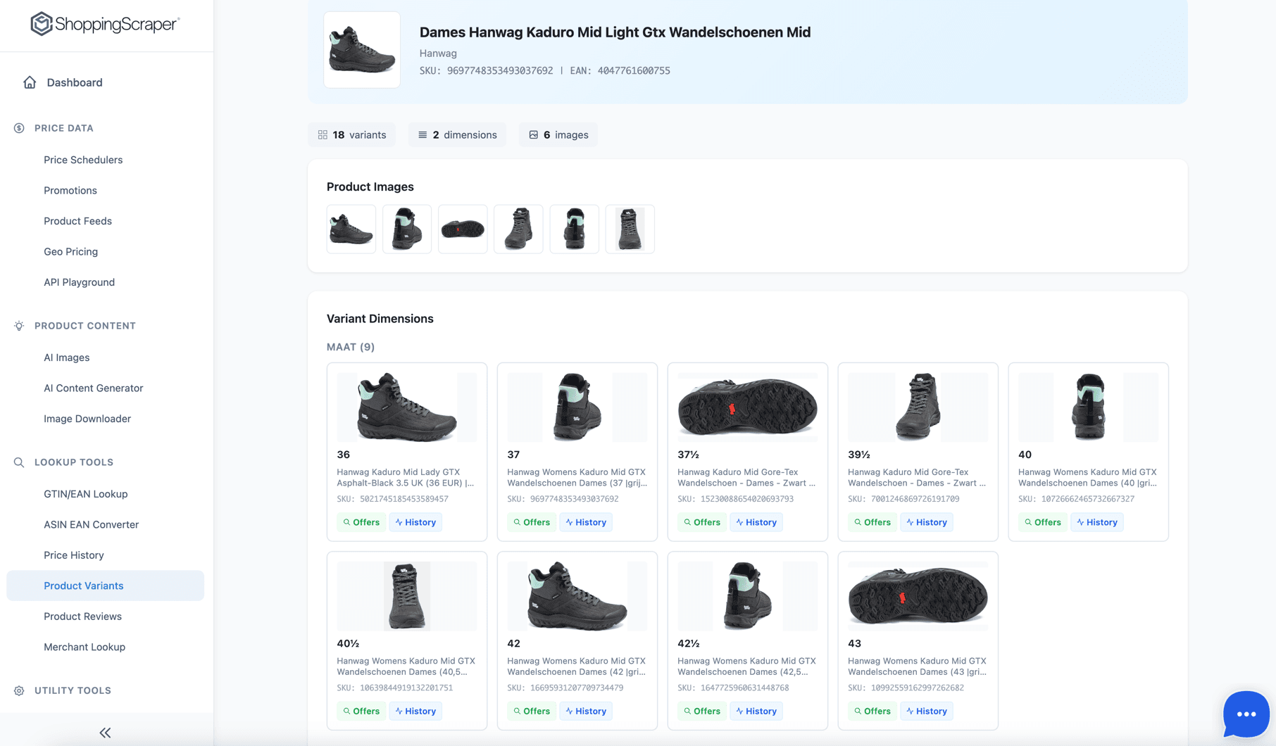 Product Variants showing size variant grid for Hanwag hiking shoes with 18 variants, product images, and quick action links