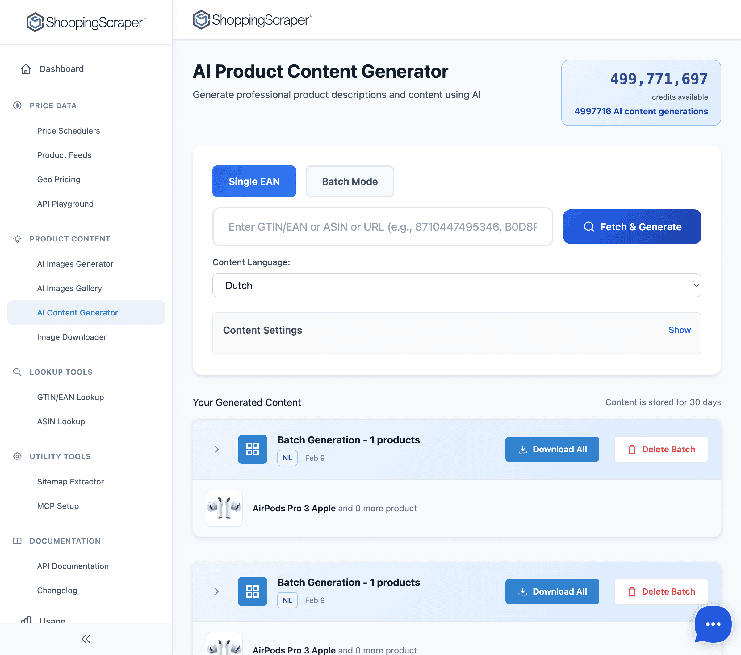 AI Content generator with language selection, tone options, and SEO-optimized output preview