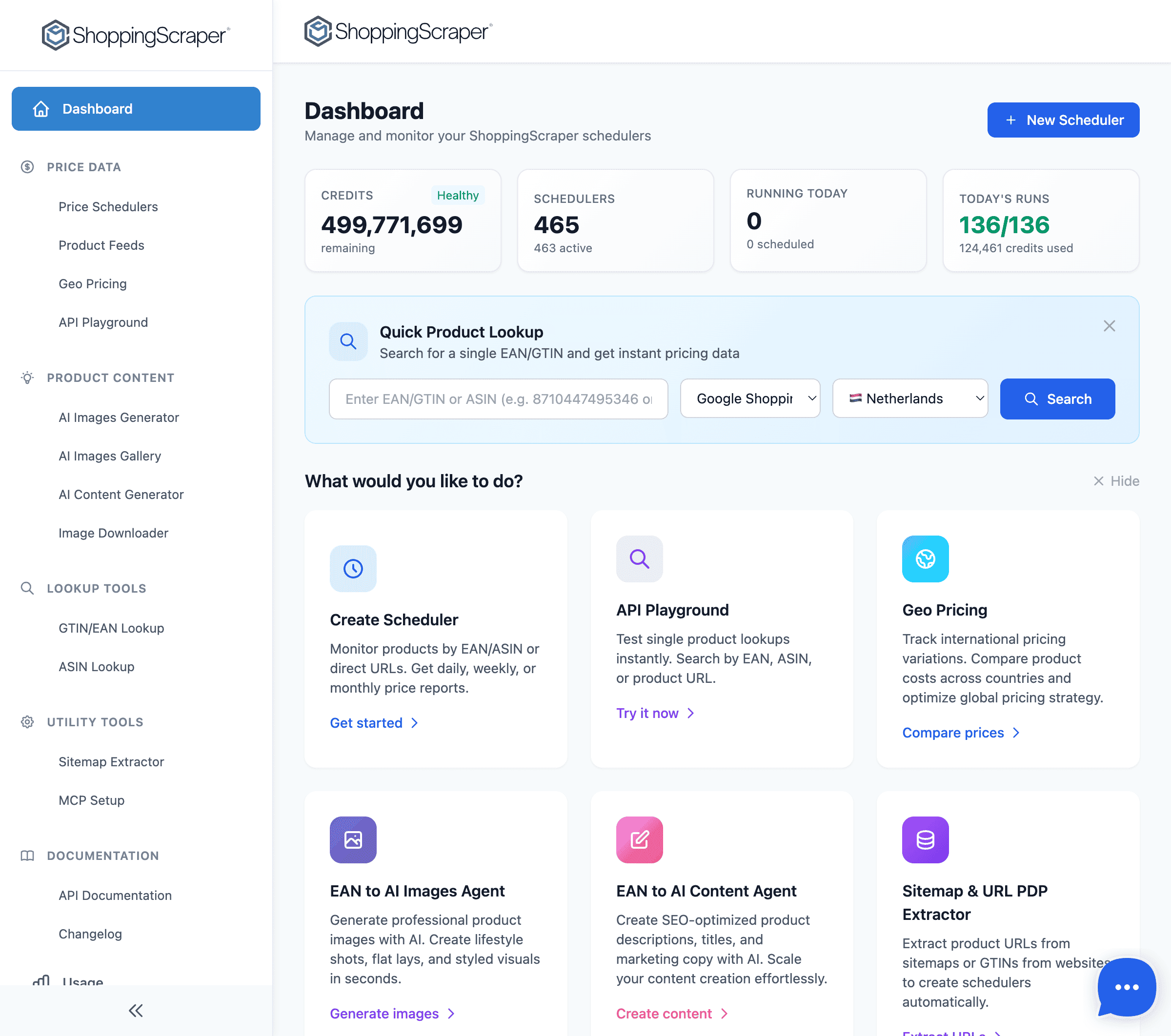 ShoppingScraper dashboard overview with scheduler stats, activity feed, and price position chart