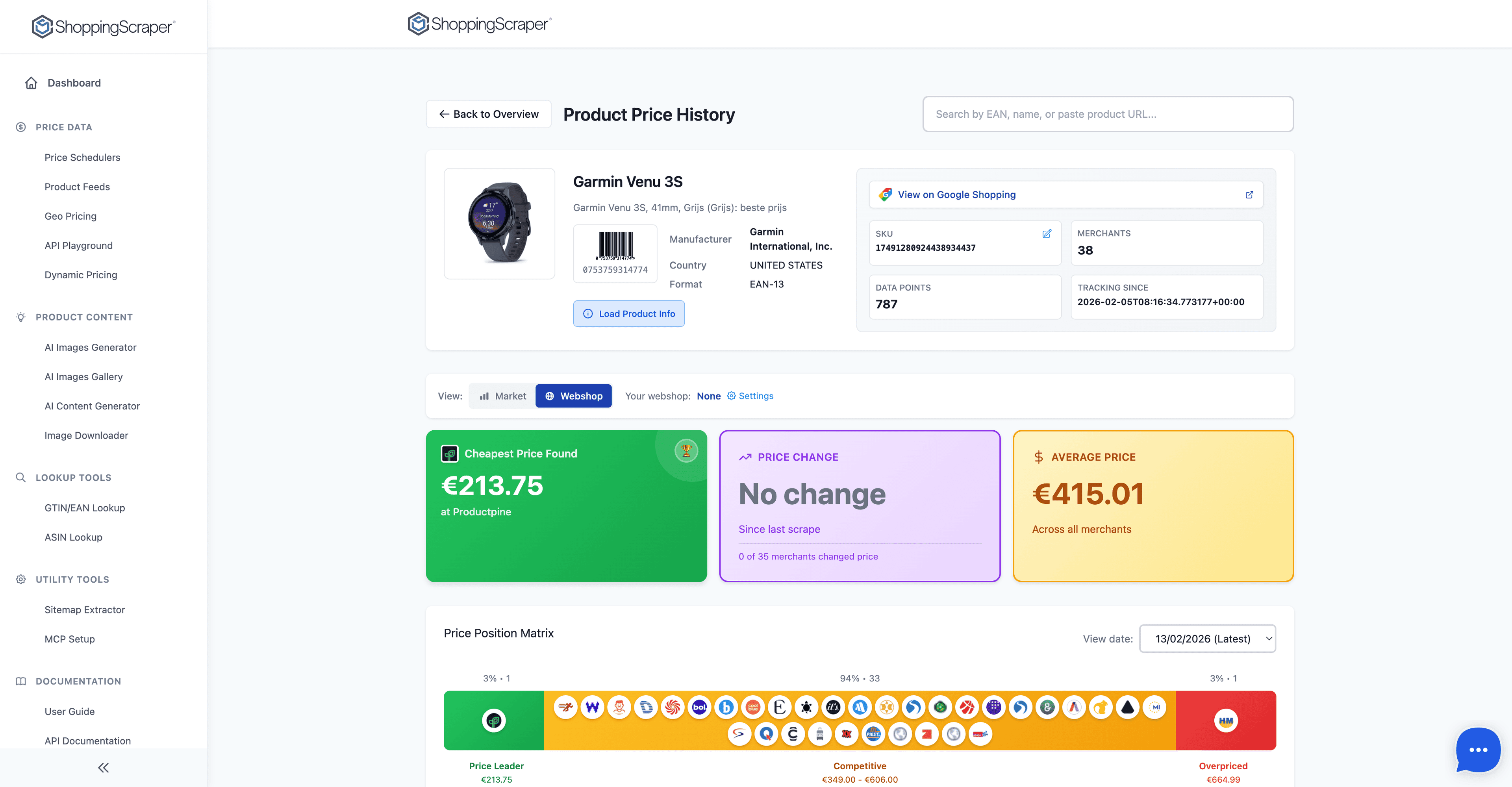EAN detail page showing product info, all merchant offers with prices, and Price Position Matrix