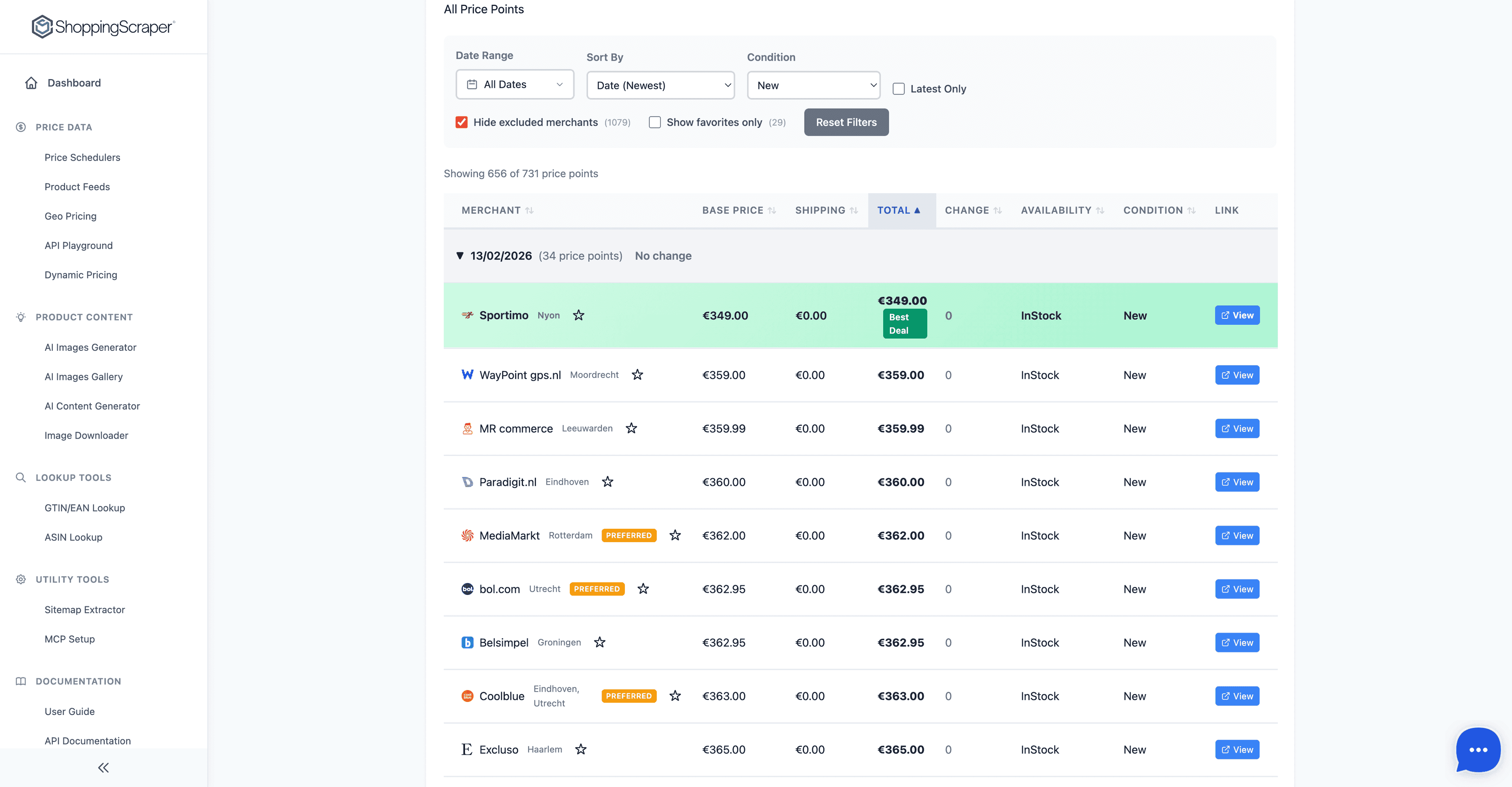 Seller comparison table with price, shipping, total cost, and buy box status