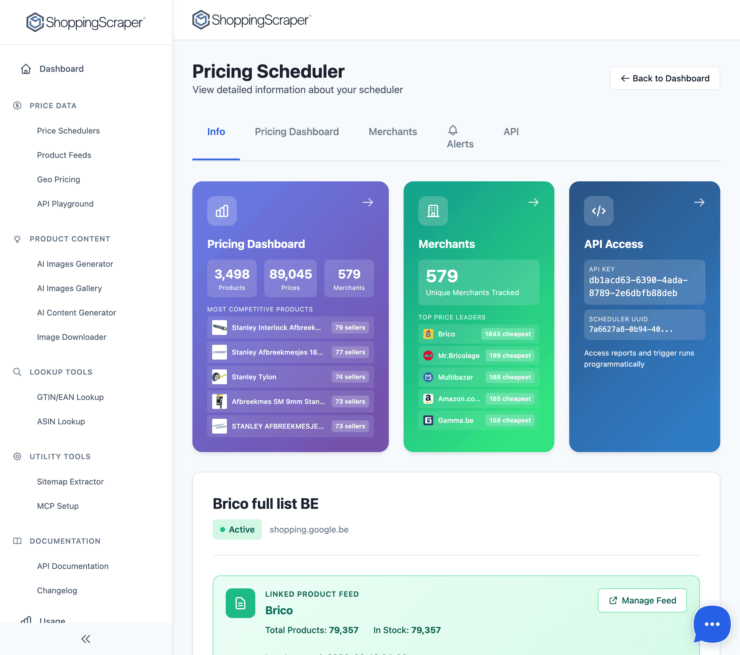 Scheduler detail view showing matched products, prices, and merchant breakdown