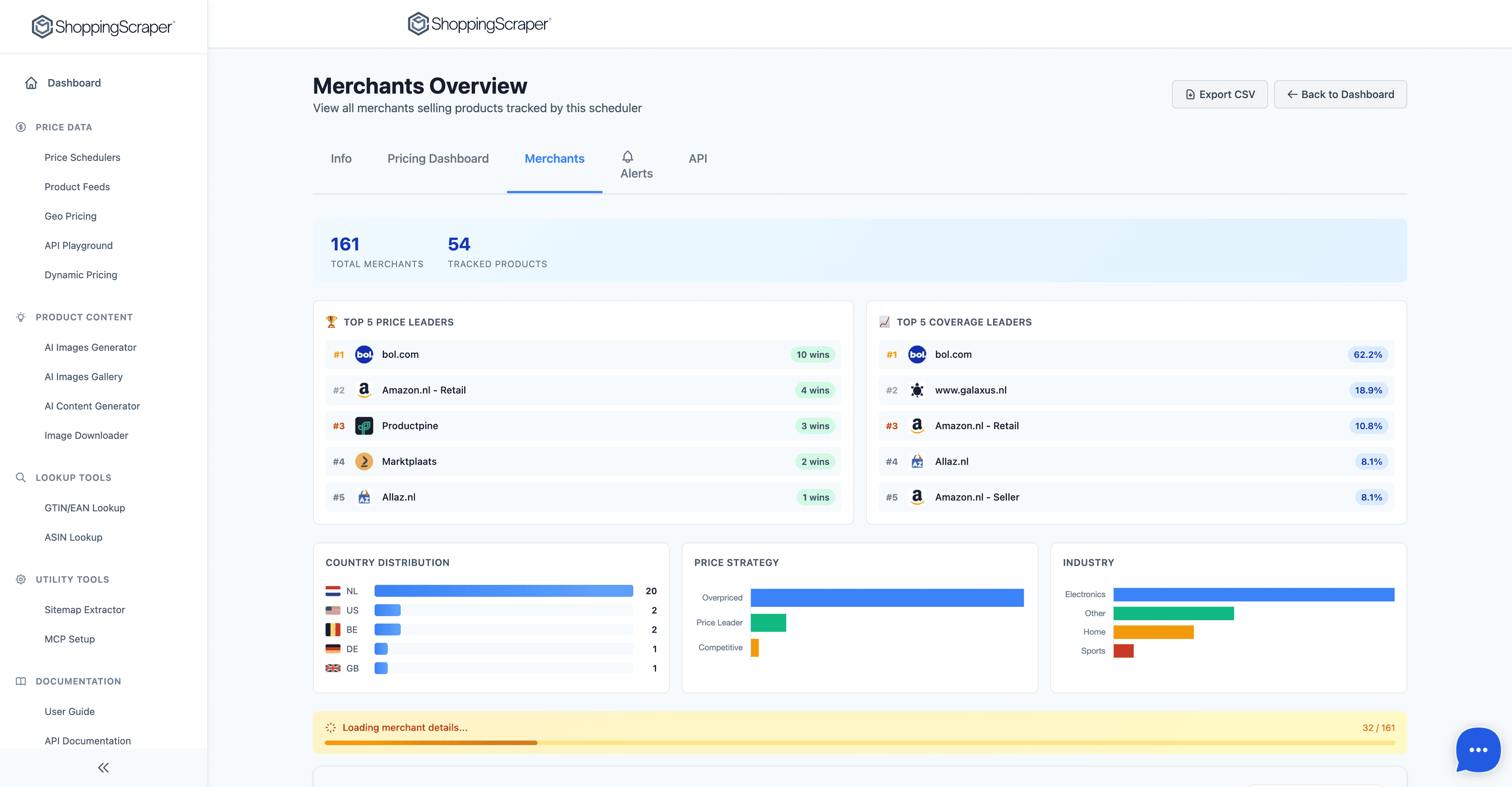 Full merchants list table with price leader ranking, product counts, and match rates