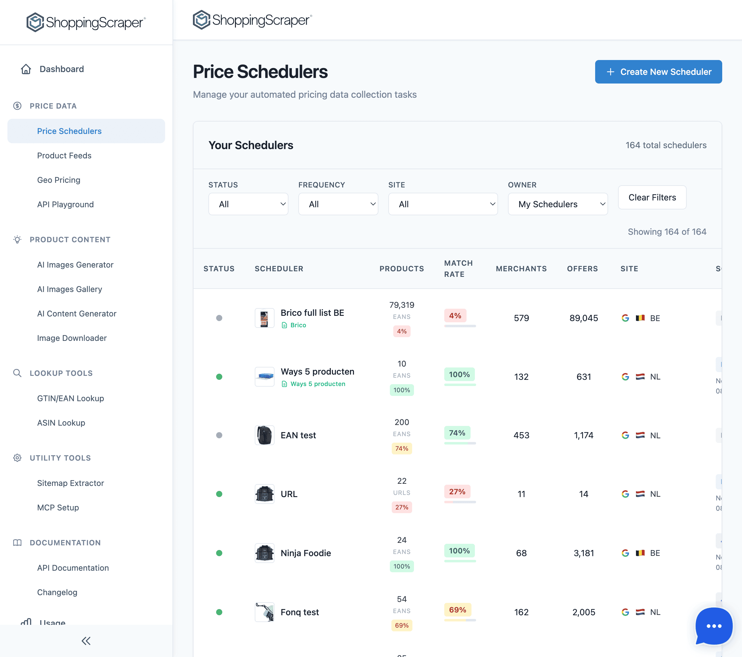 Price schedulers list showing automated monitoring tasks with status and next run times