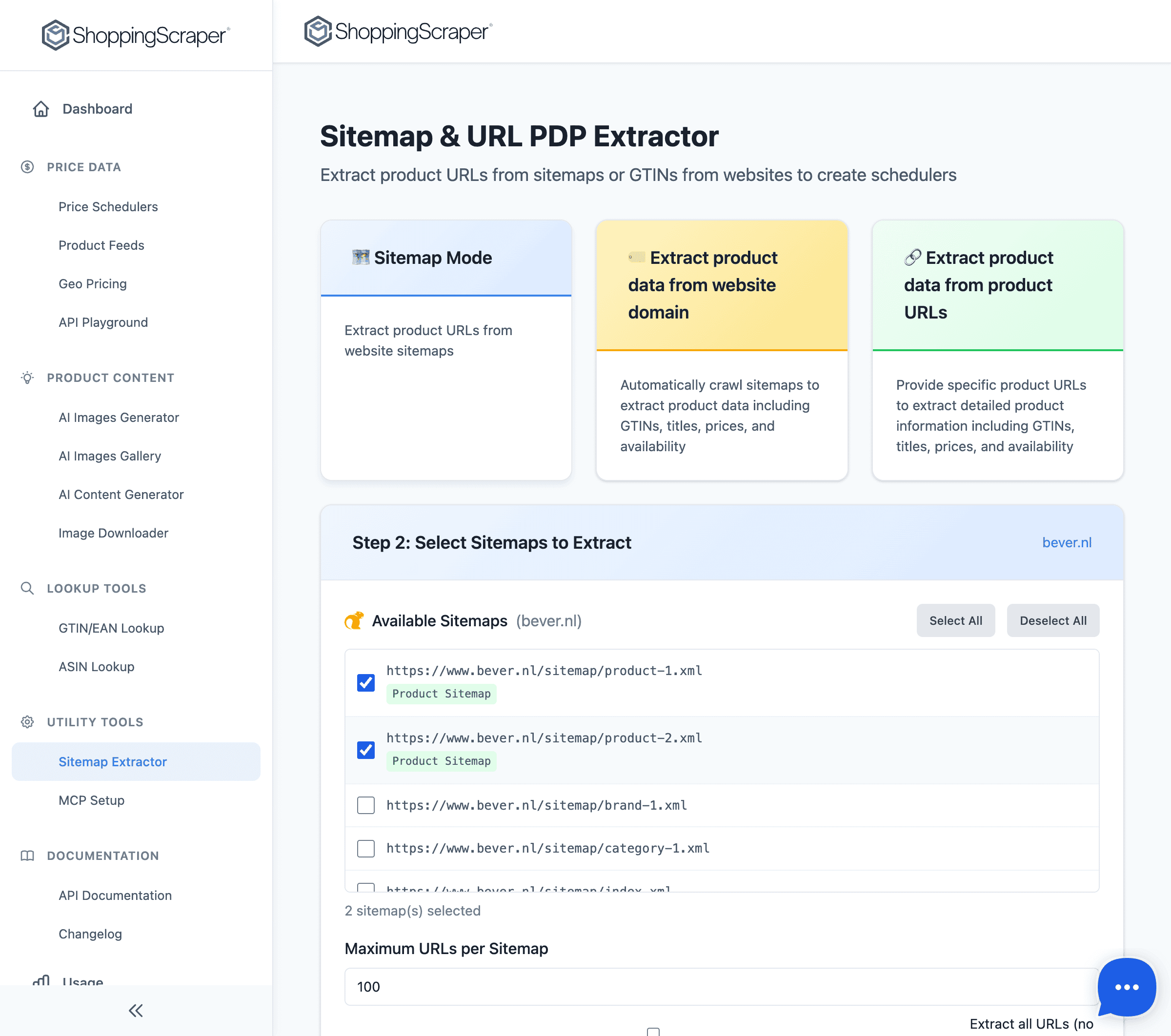 Sitemap extractor tool with URL input, product URL filtering, and CSV export