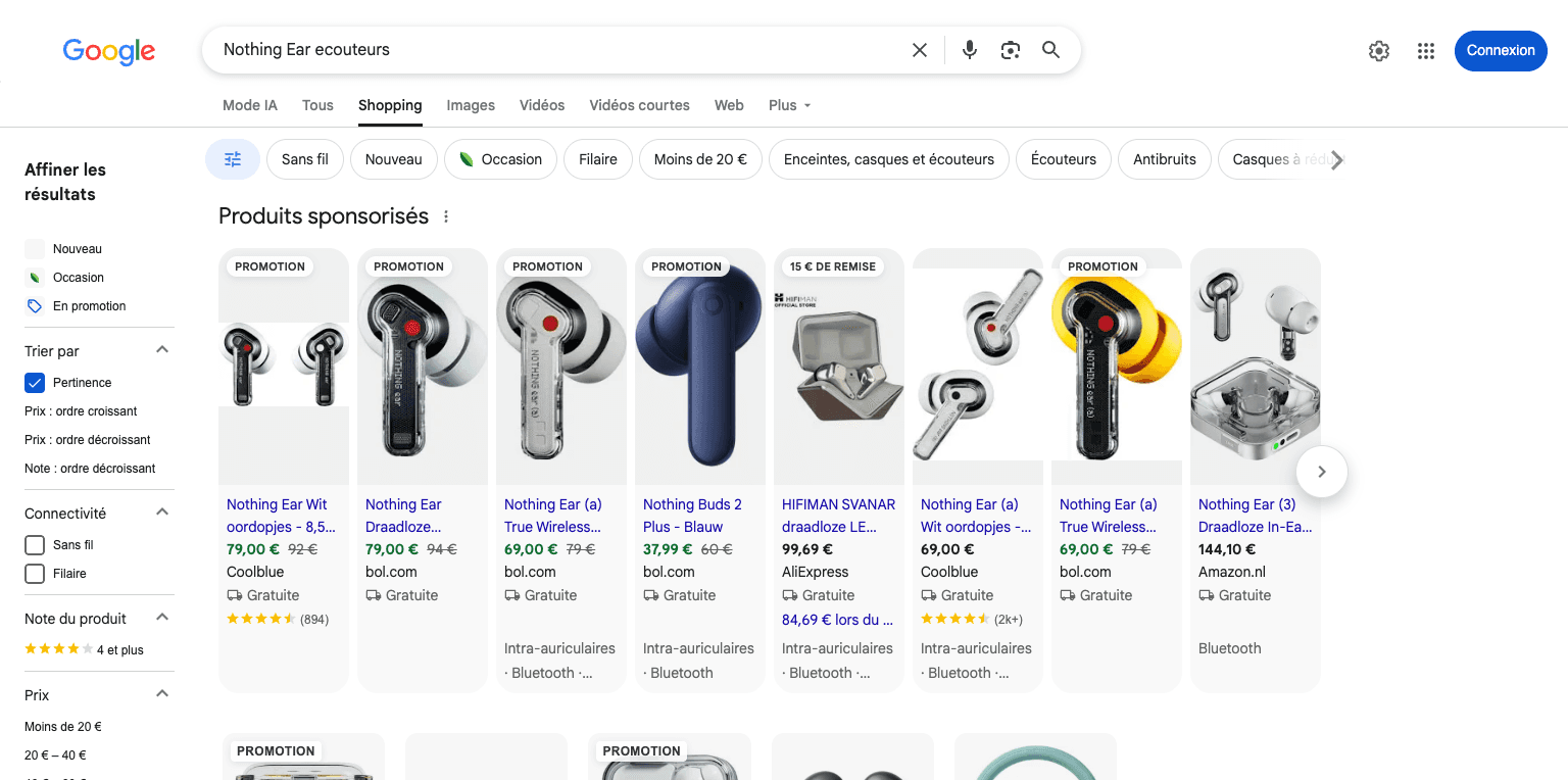 Google Shopping results for the Nothing Ear, with Fnac among the sellers