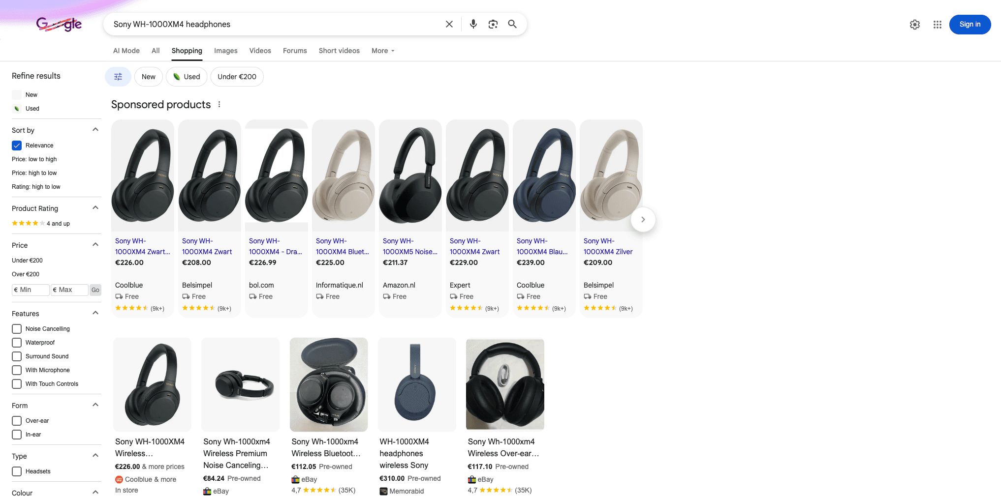 Google Shopping search results showing product listings with prices