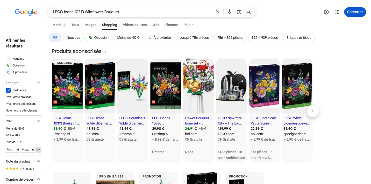 Google Shopping results for the LEGO Icons 10313 Wildflower Bouquet, with King Jouet among the sellers