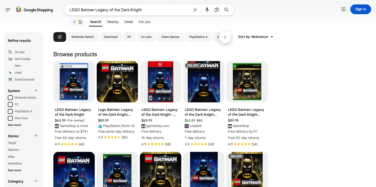 Google Shopping results for the LEGO Batman: Legacy of the Dark Knight, with Macy's among the sellers