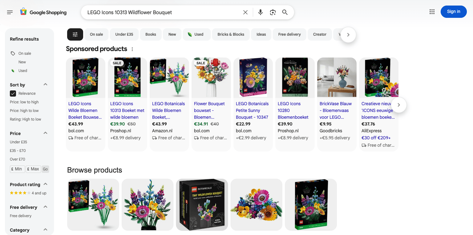 Google Shopping results for the LEGO Icons 10313 Wildflower Bouquet, with Next among the sellers