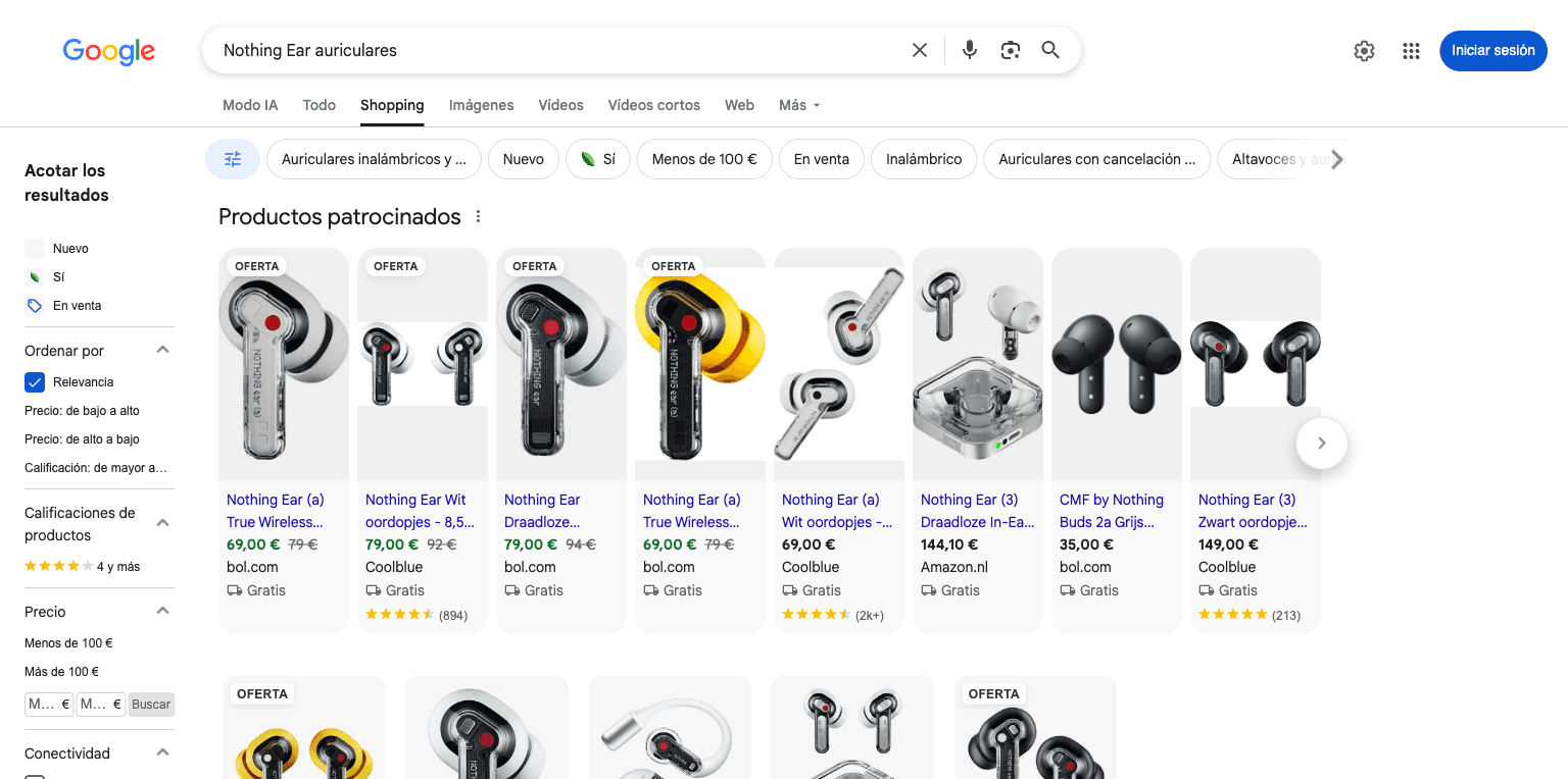 Google Shopping results for the Nothing Ear, with PcComponentes among the sellers