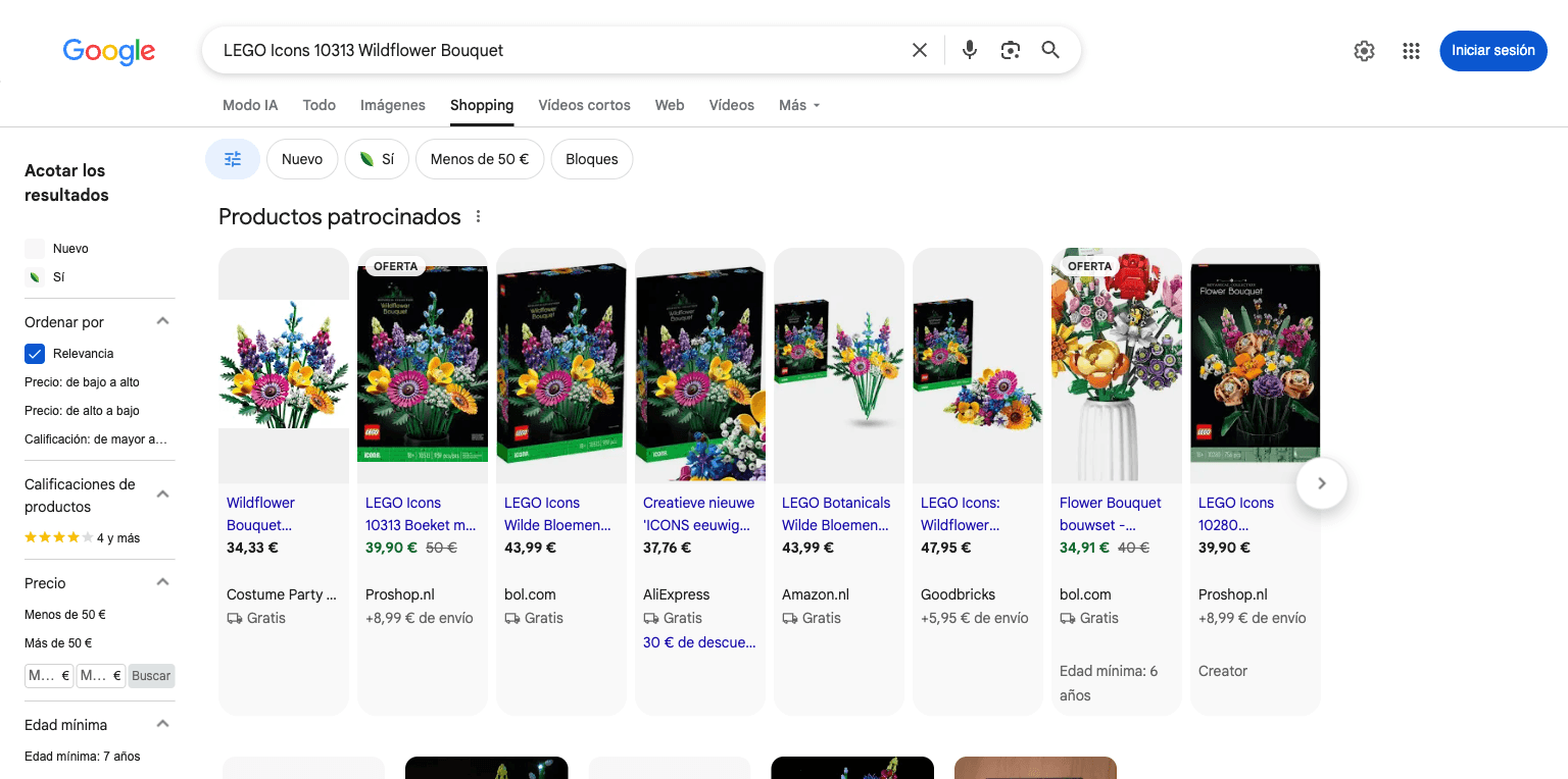 Google Shopping results for the LEGO Icons 10313 Wildflower Bouquet, with Toys R Us among the sellers