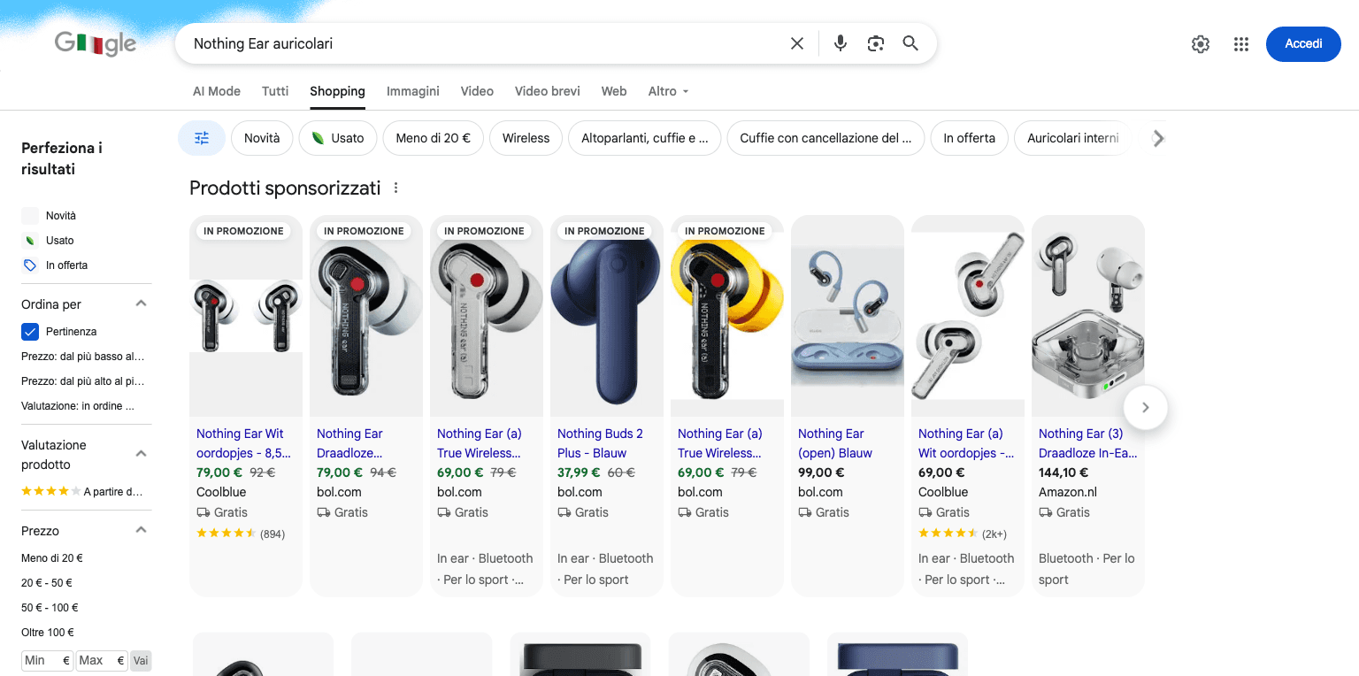 Google Shopping results for the Nothing Ear, with Unieuro among the sellers