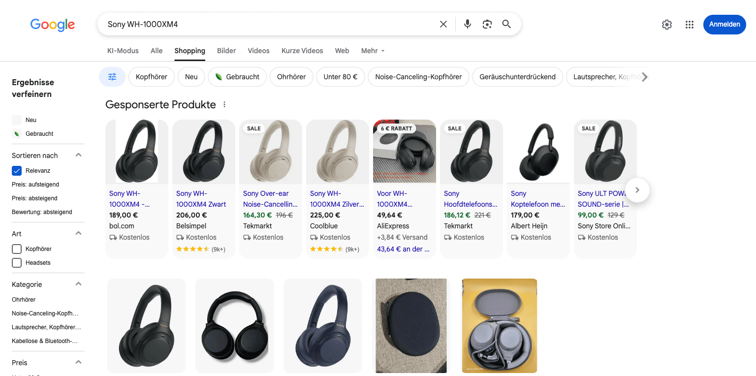 Google Shopping results for the Sony WH-1000XM4, with voelkner.de - voelkner among the sellers