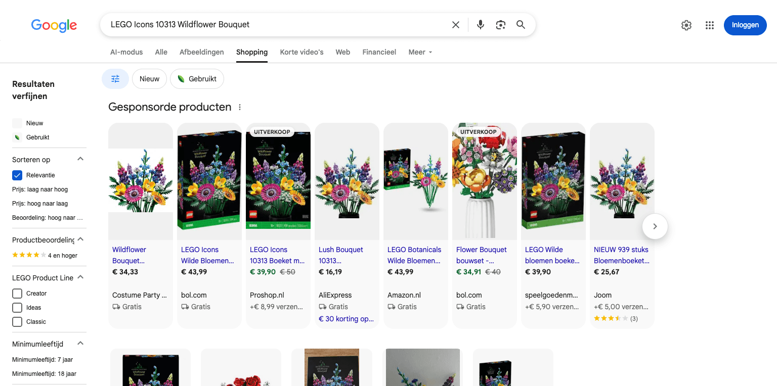 Google Shopping results for the LEGO Icons 10313 Wildflower Bouquet, with Wehkamp among the sellers