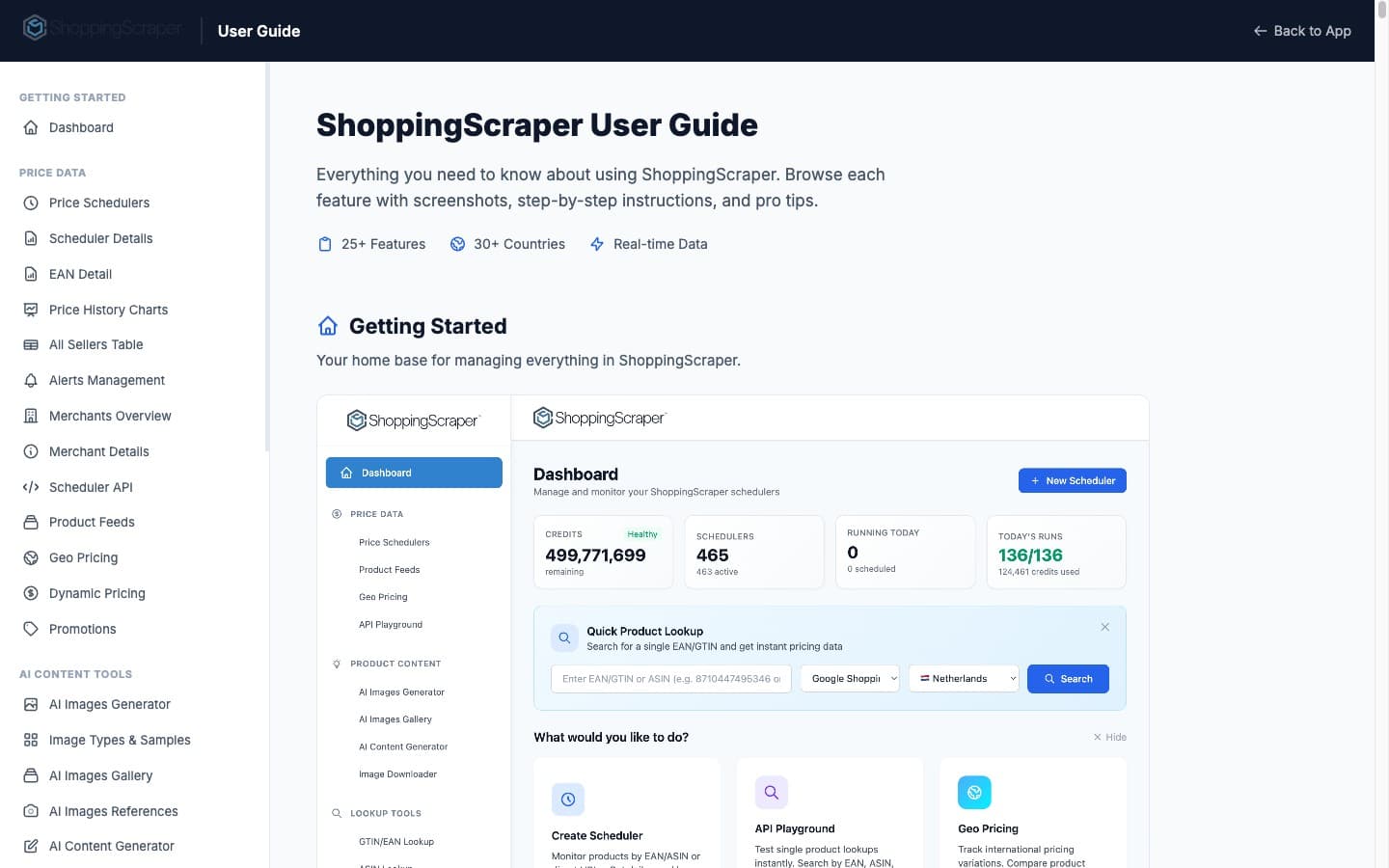 ShoppingScraper dashboard — schedulers, credits, geo-pricing, and quick product lookup in one view