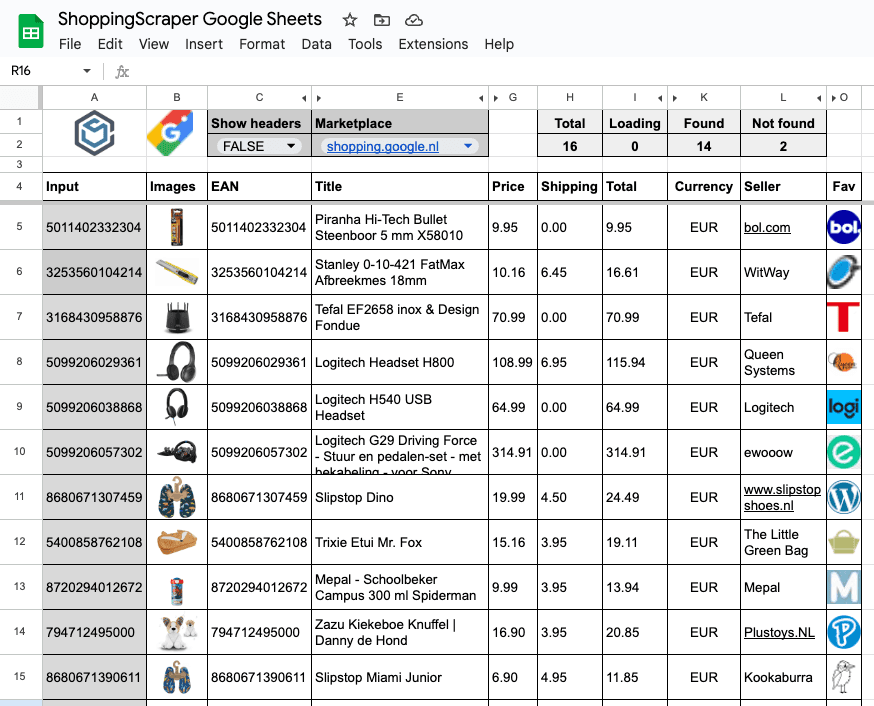 Google Sheets with ShoppingScraper custom functions showing real-time price data