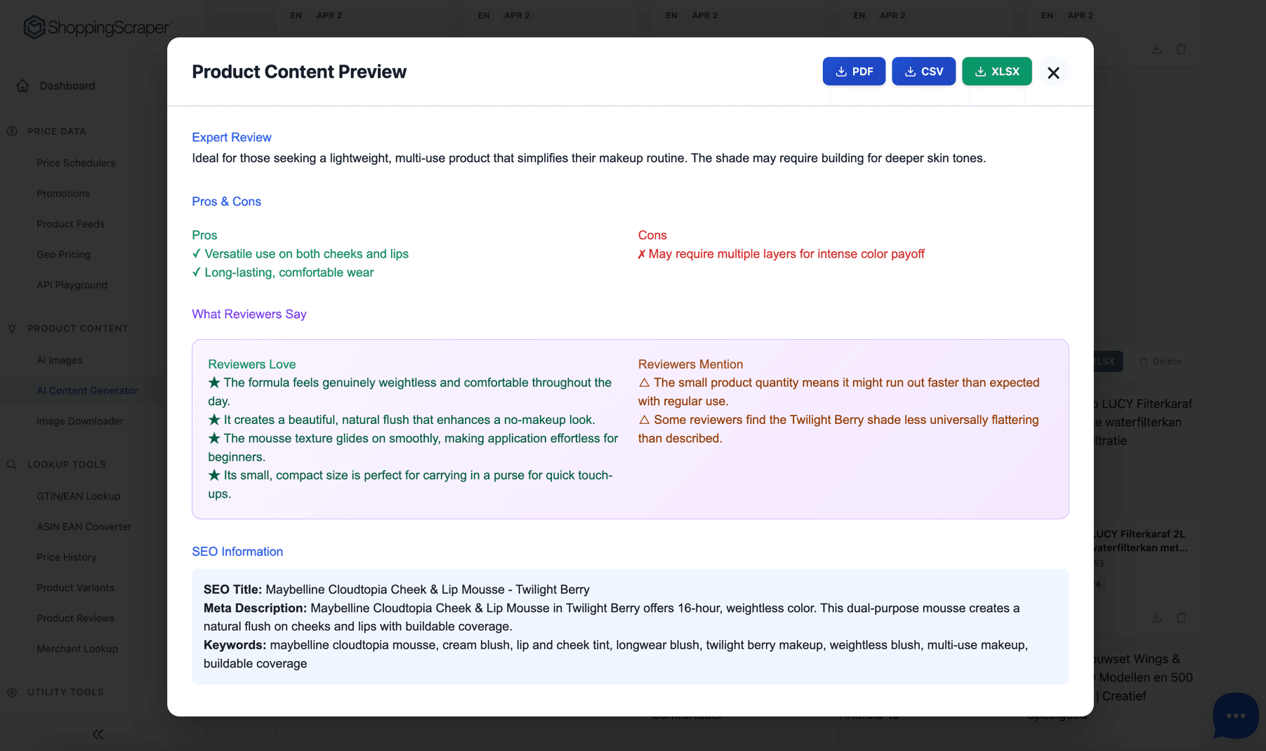 AI Content Generator showing Product Content Preview with expert review, pros and cons, reviewer feedback, and SEO metadata