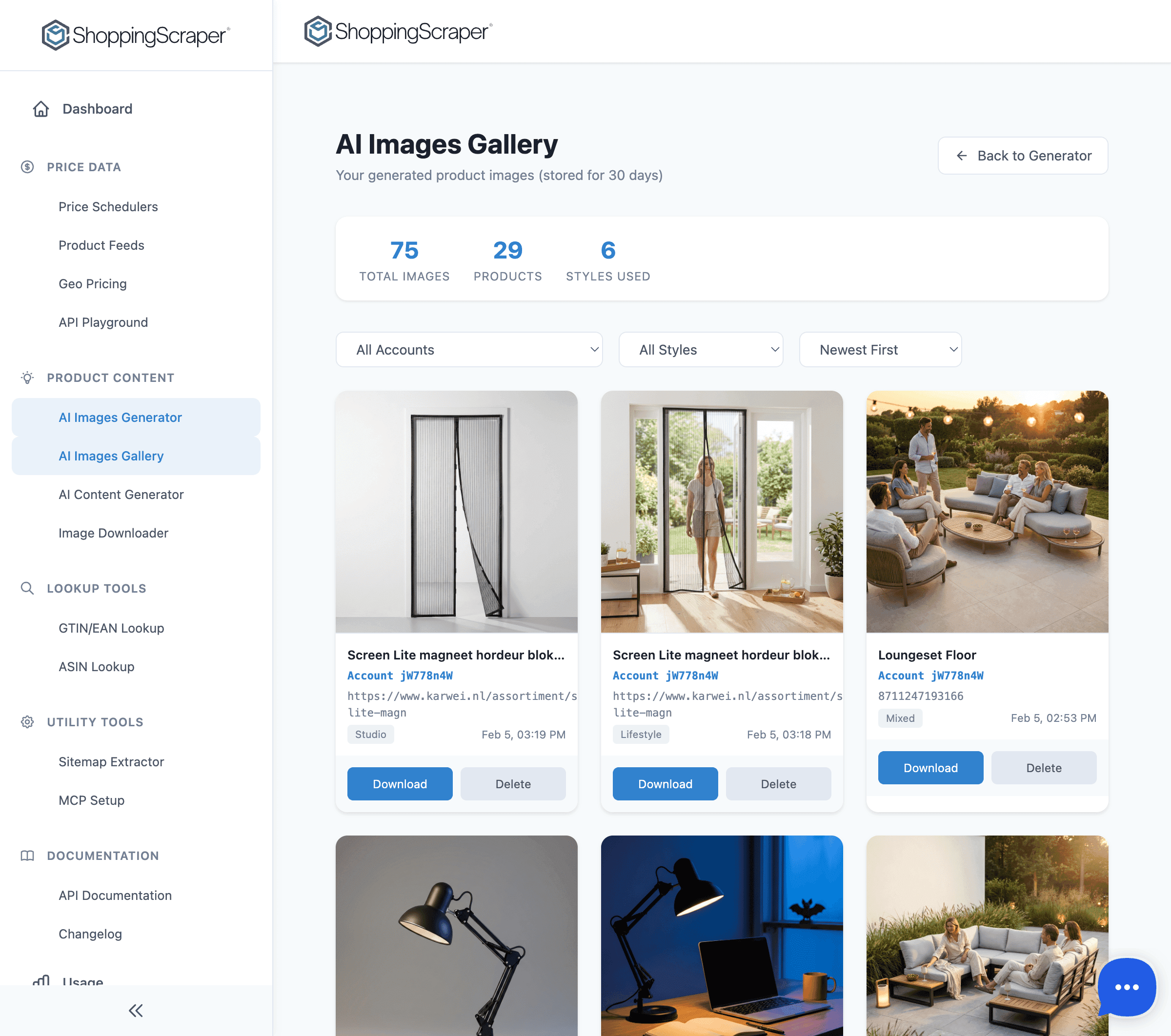 AI-generated product image gallery showing multiple styles and backgrounds