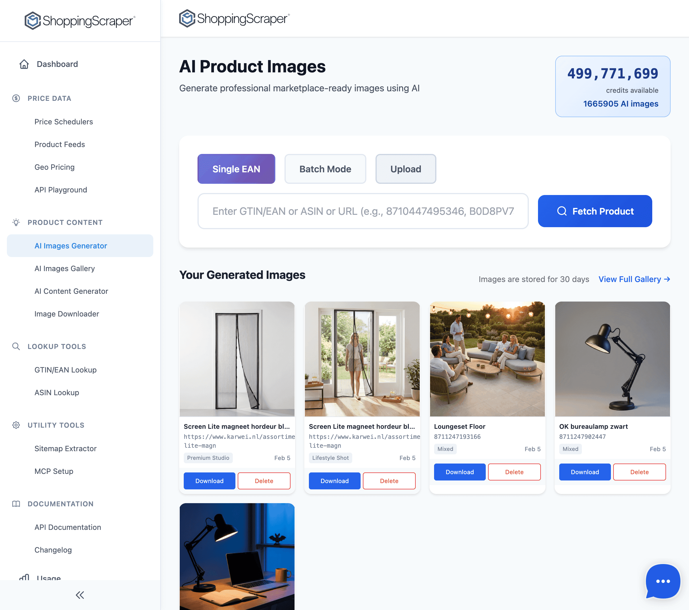 AI Images generator interface with style selection, background options, and batch generation