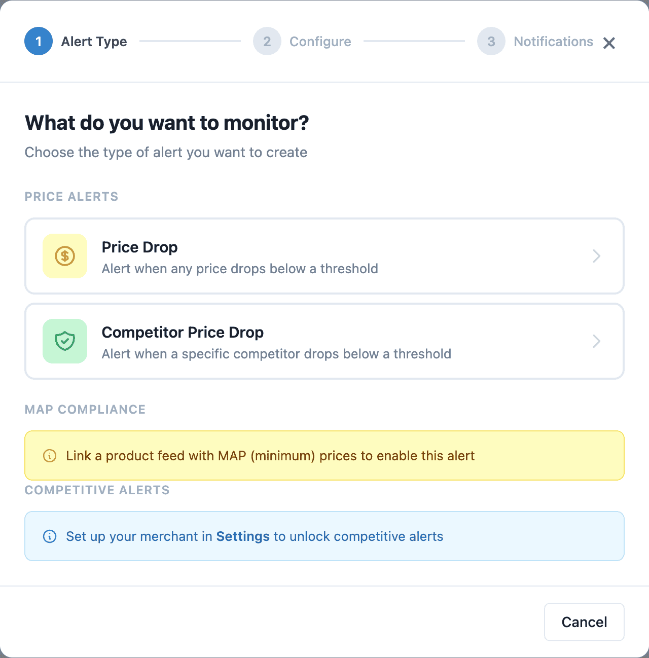 Price alert wizard step 1 — choose alert scope: product, brand, or merchant level