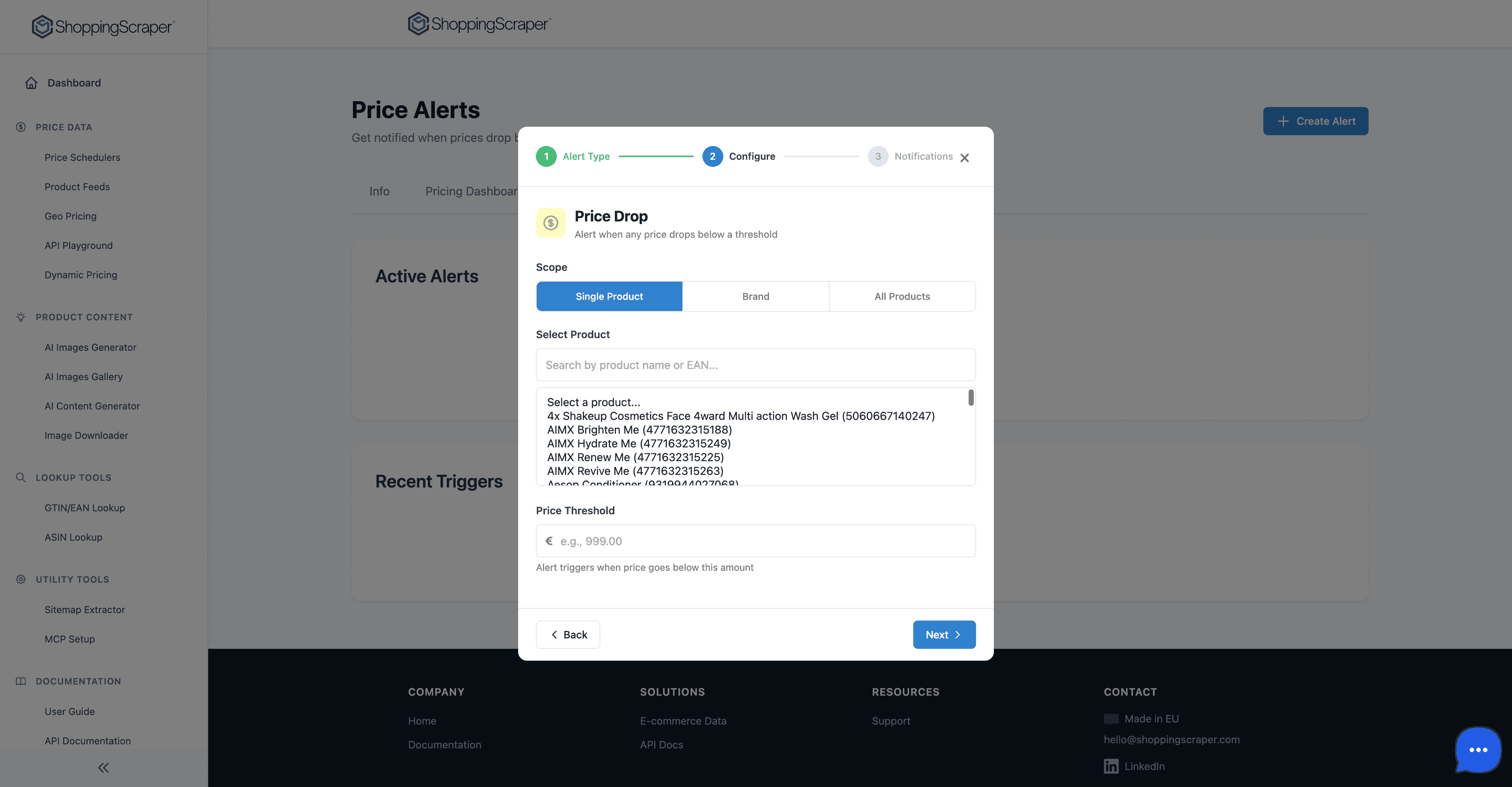 Price alert wizard step 2 — configure conditions like price threshold or percentage change