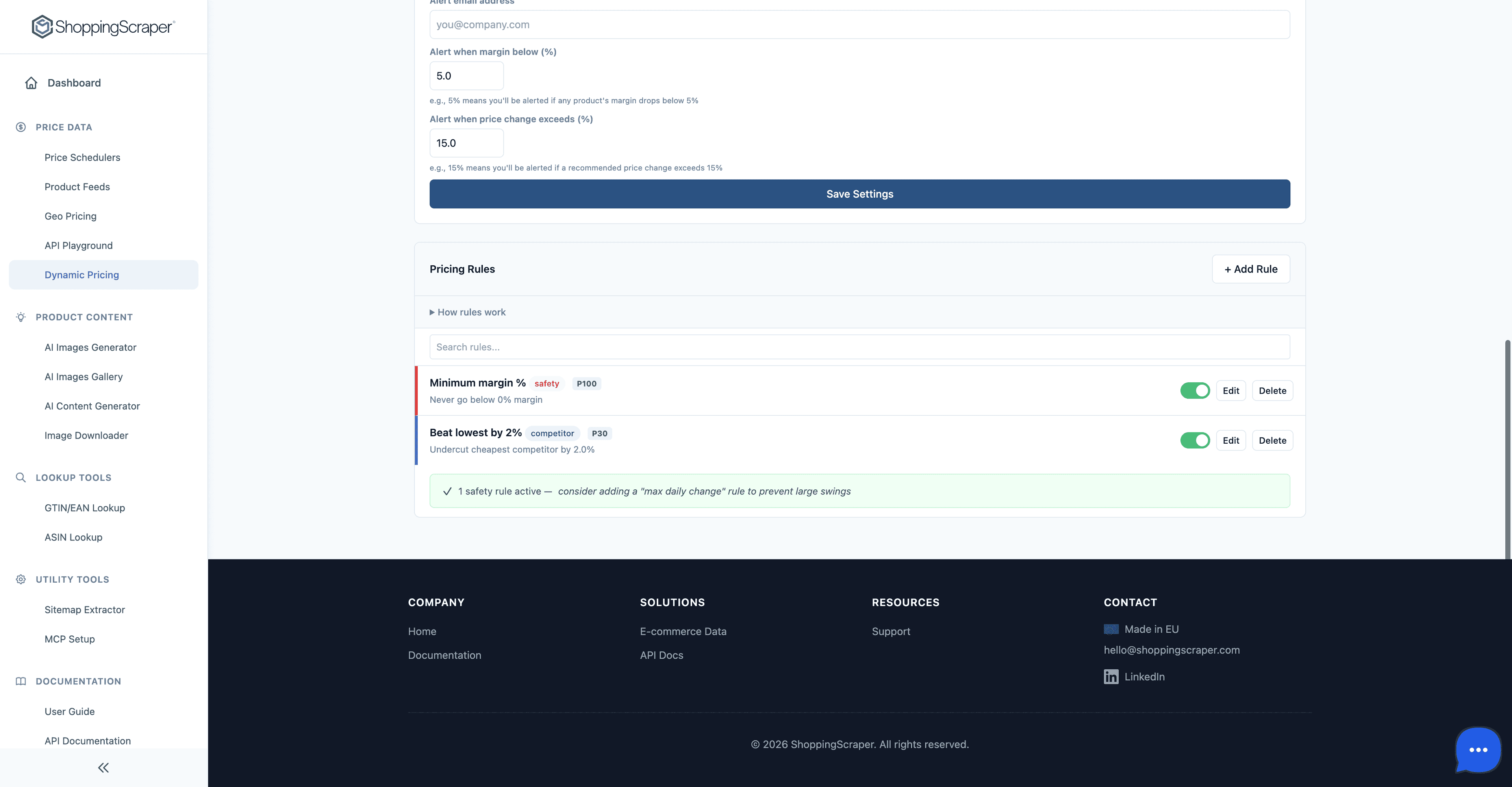 Complete list of 20 dynamic pricing rule types including match cheapest, margin target, and time-based