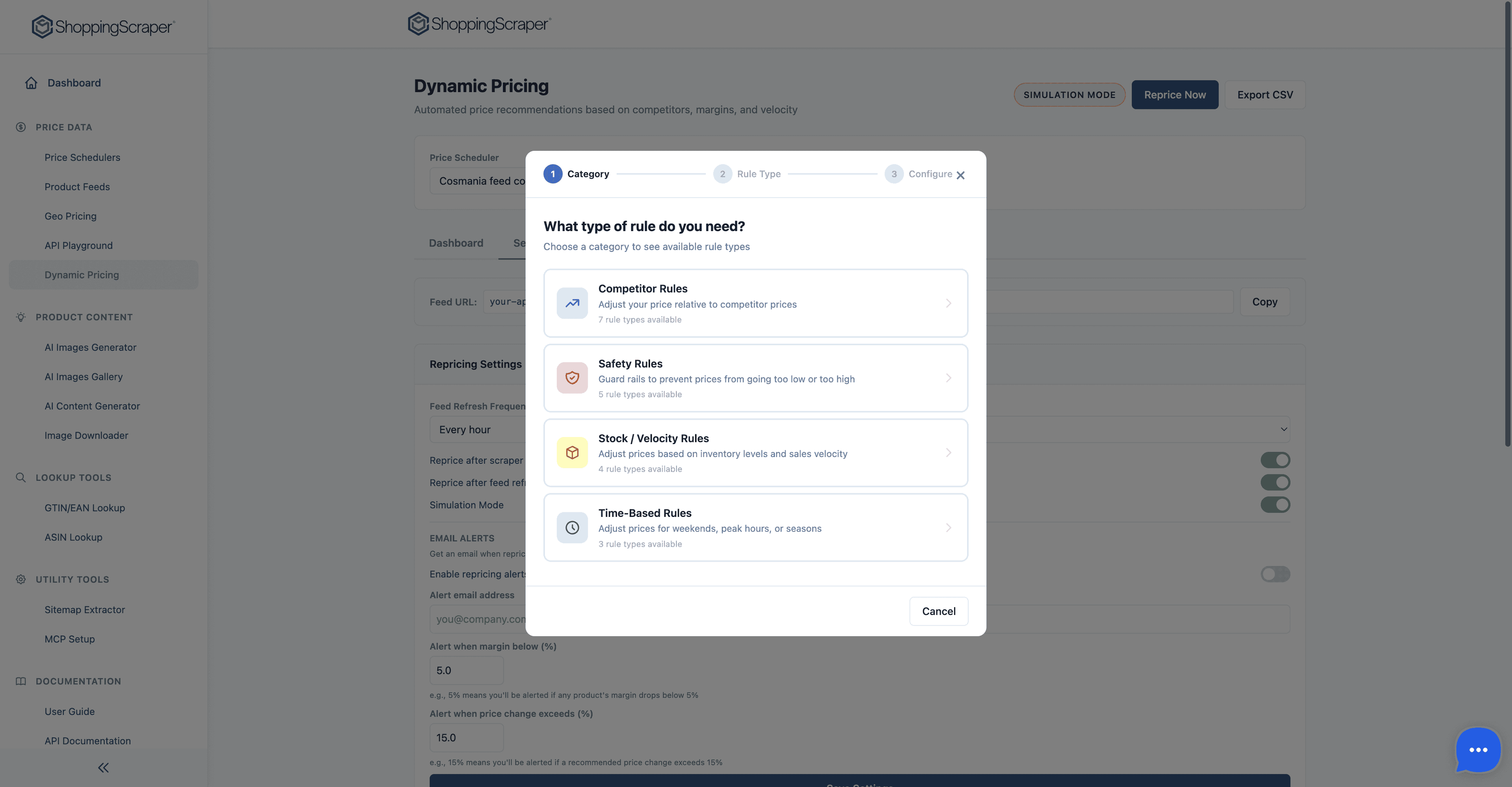 Dynamic pricing rule wizard with strategy selection and parameter configuration