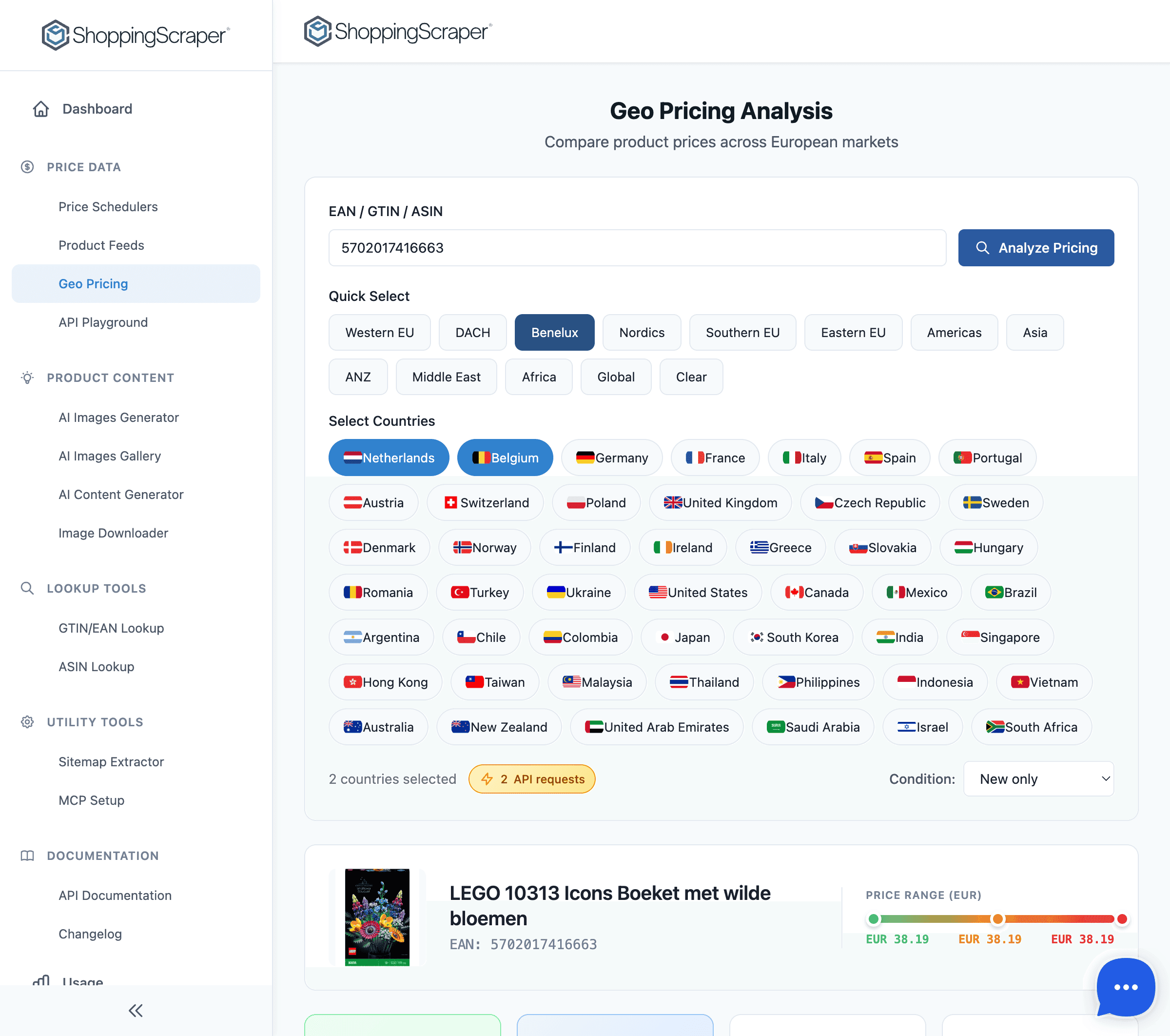 Geo pricing analyzer comparing product prices across 50+ countries with currency conversion