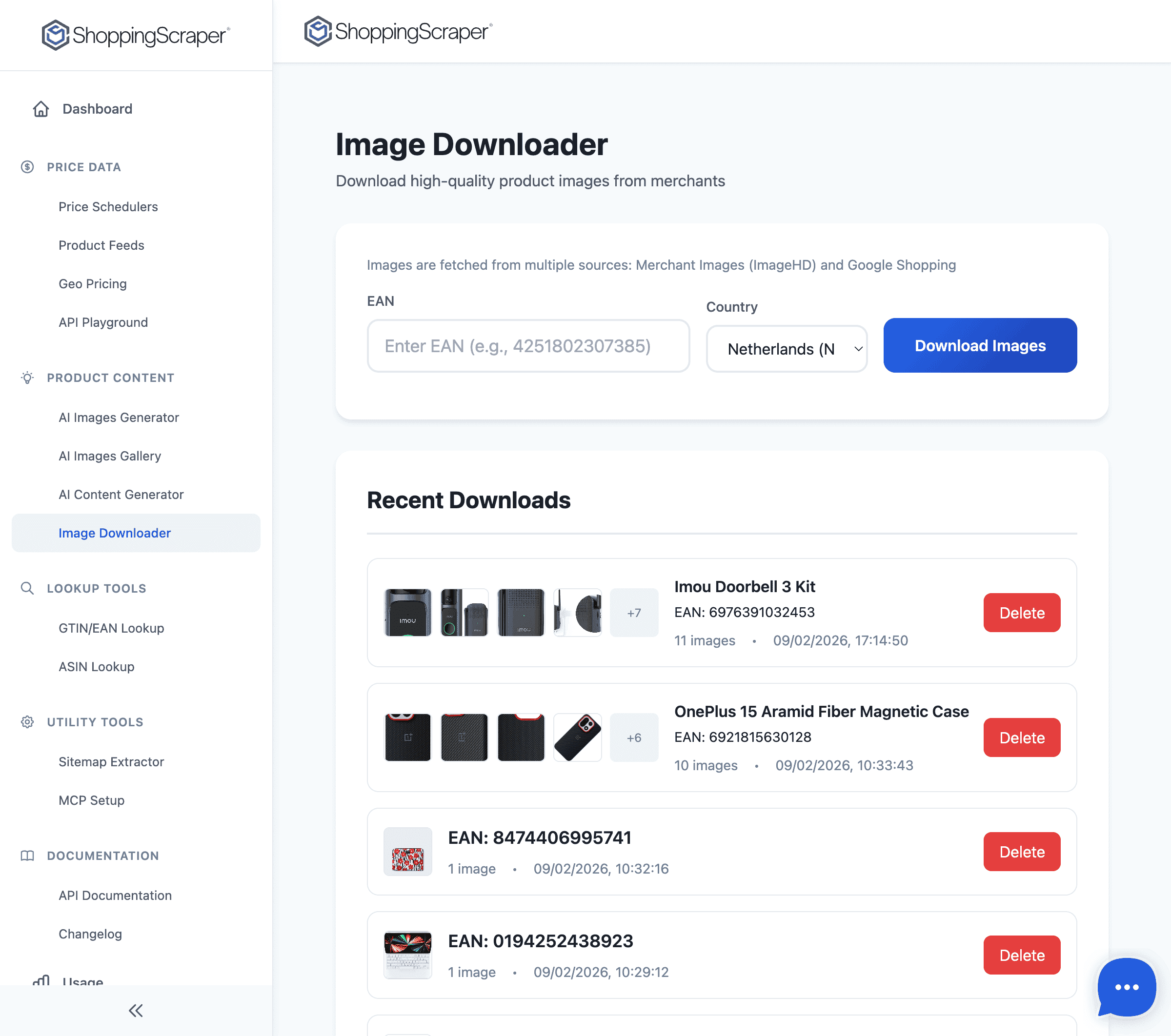 Image downloader tool with bulk URL input, resolution filtering, and ZIP download