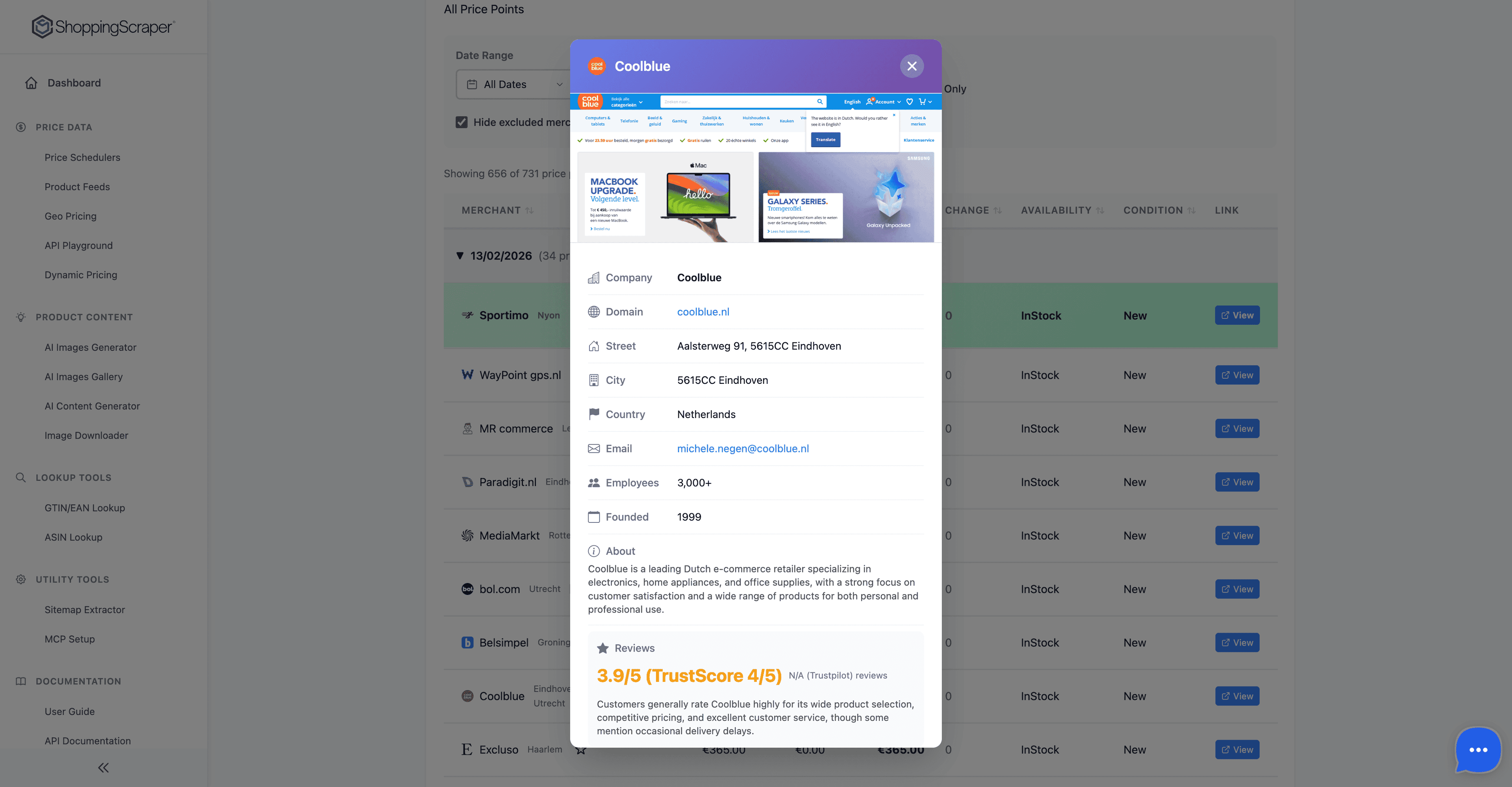 Merchant details modal showing product list, price distribution, and competitive position