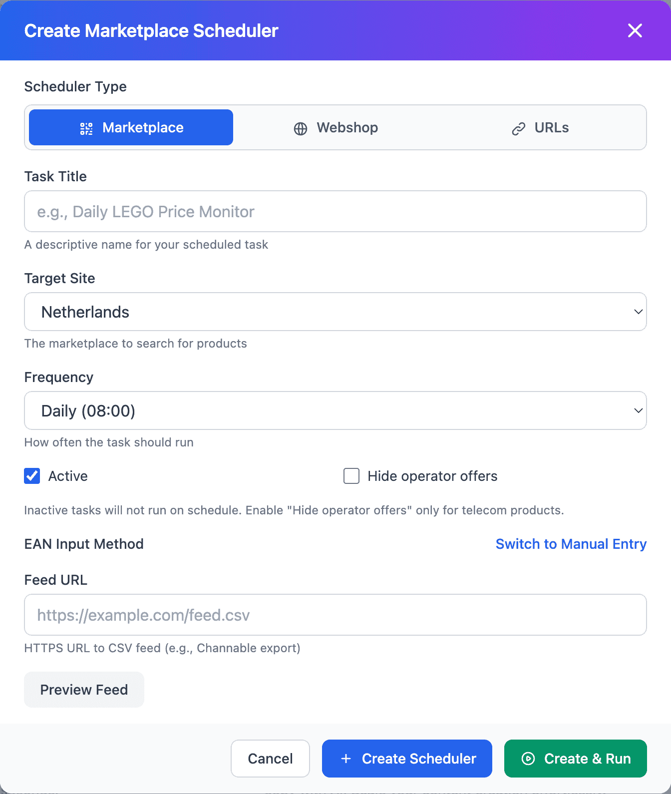 Product feed configuration with CSV/XML import and column mapping