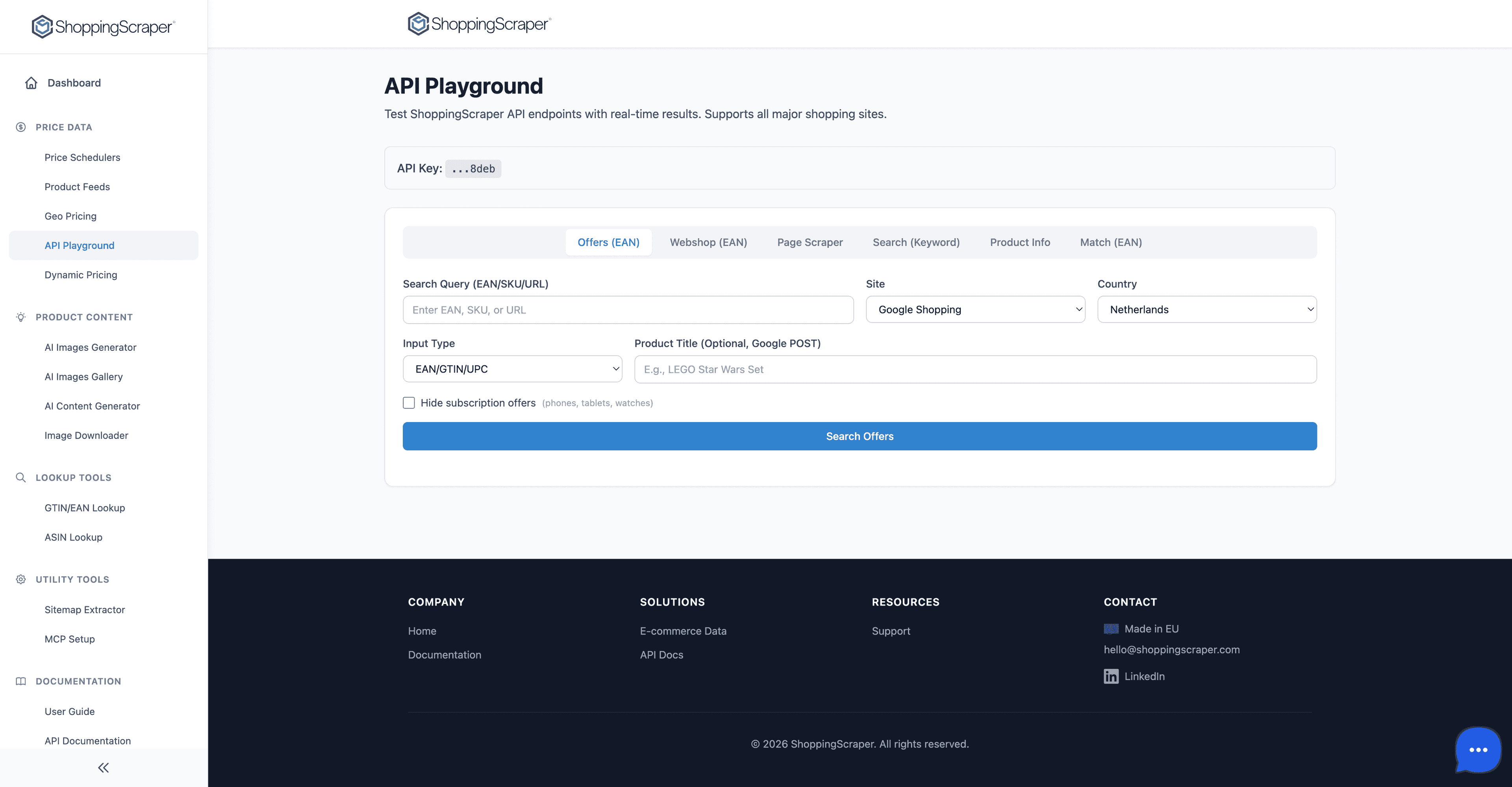 ShoppingScraper API Playground for testing endpoints