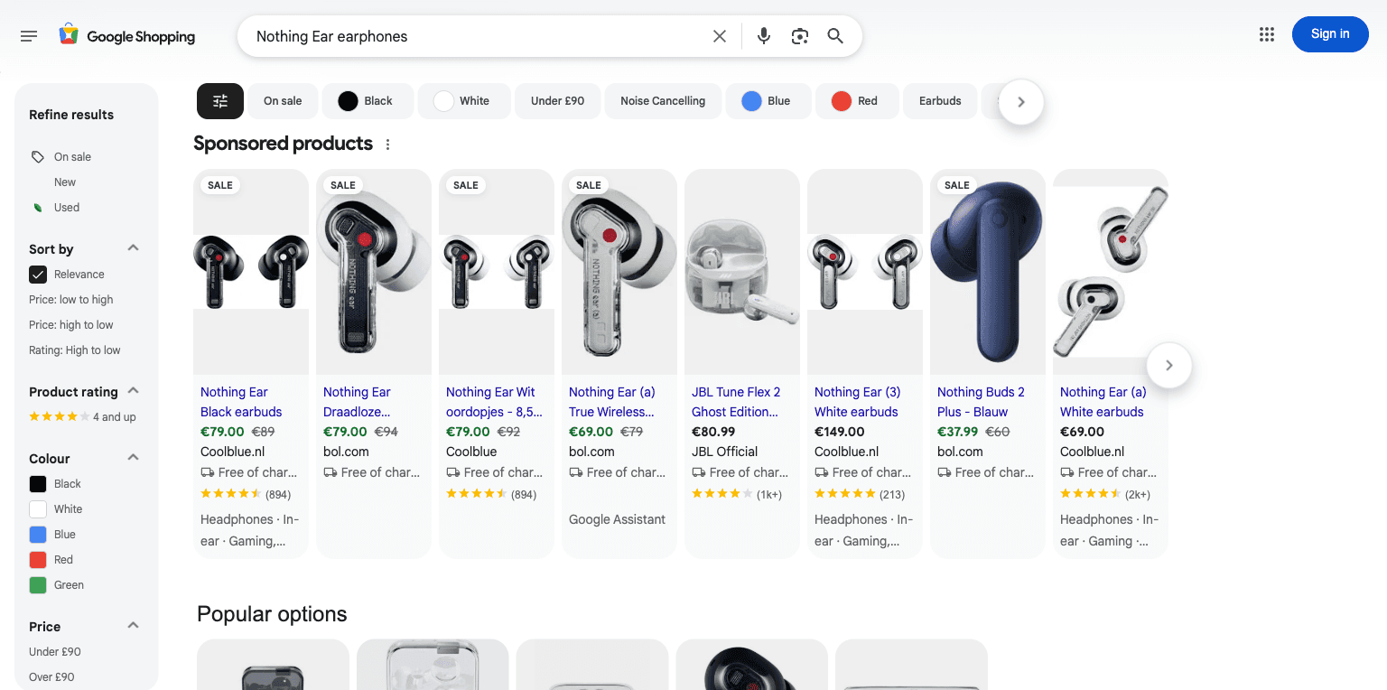 Google Shopping results for the Nothing Ear, with Currys among the sellers