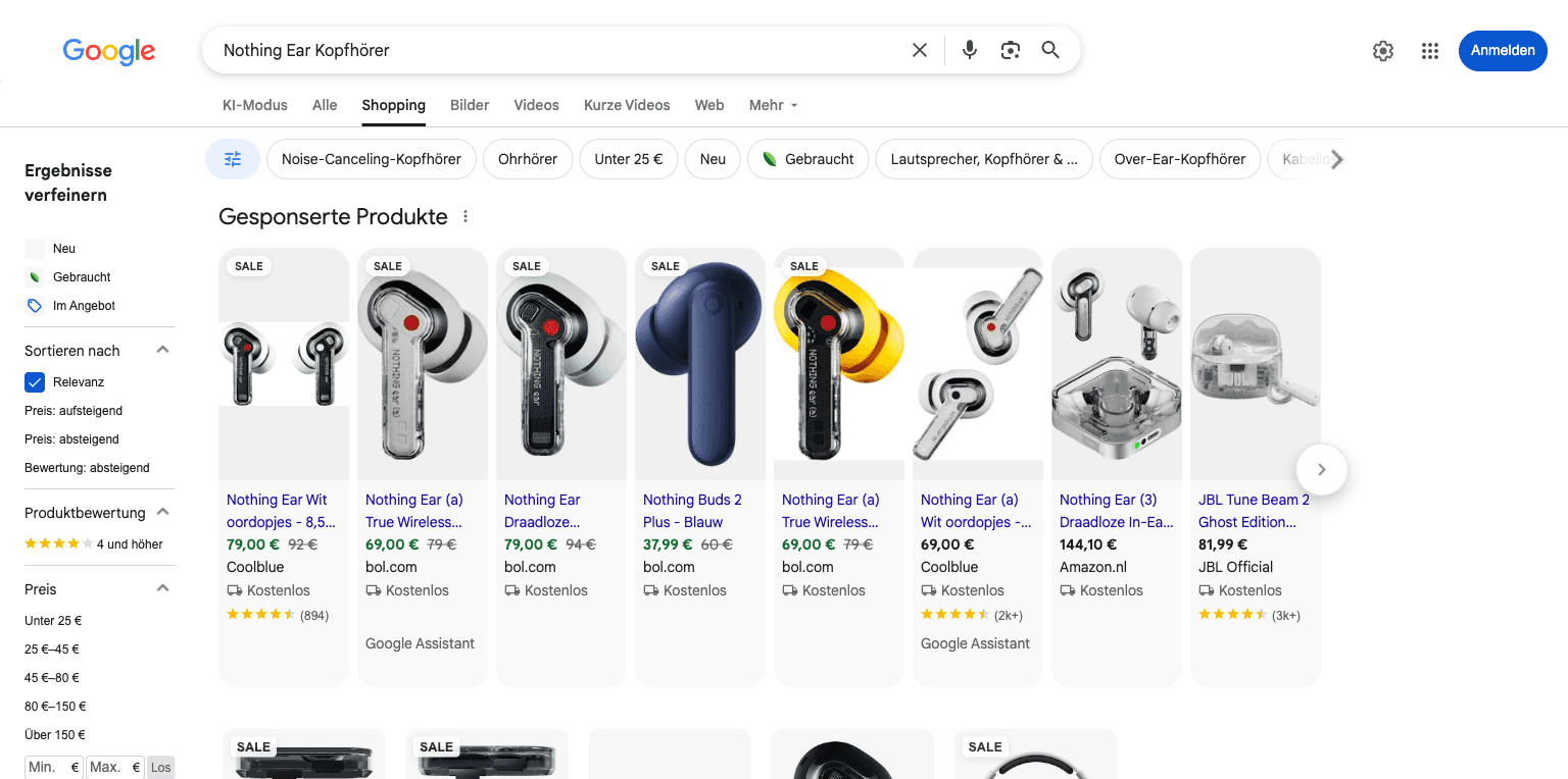 Google Shopping results for the Nothing Ear, with expert Deutschland among the sellers