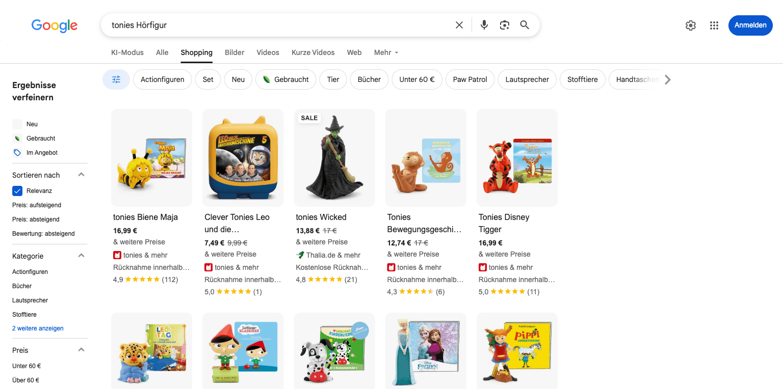 Google Shopping results for the Tonies audio figures, with OTTO among the sellers
